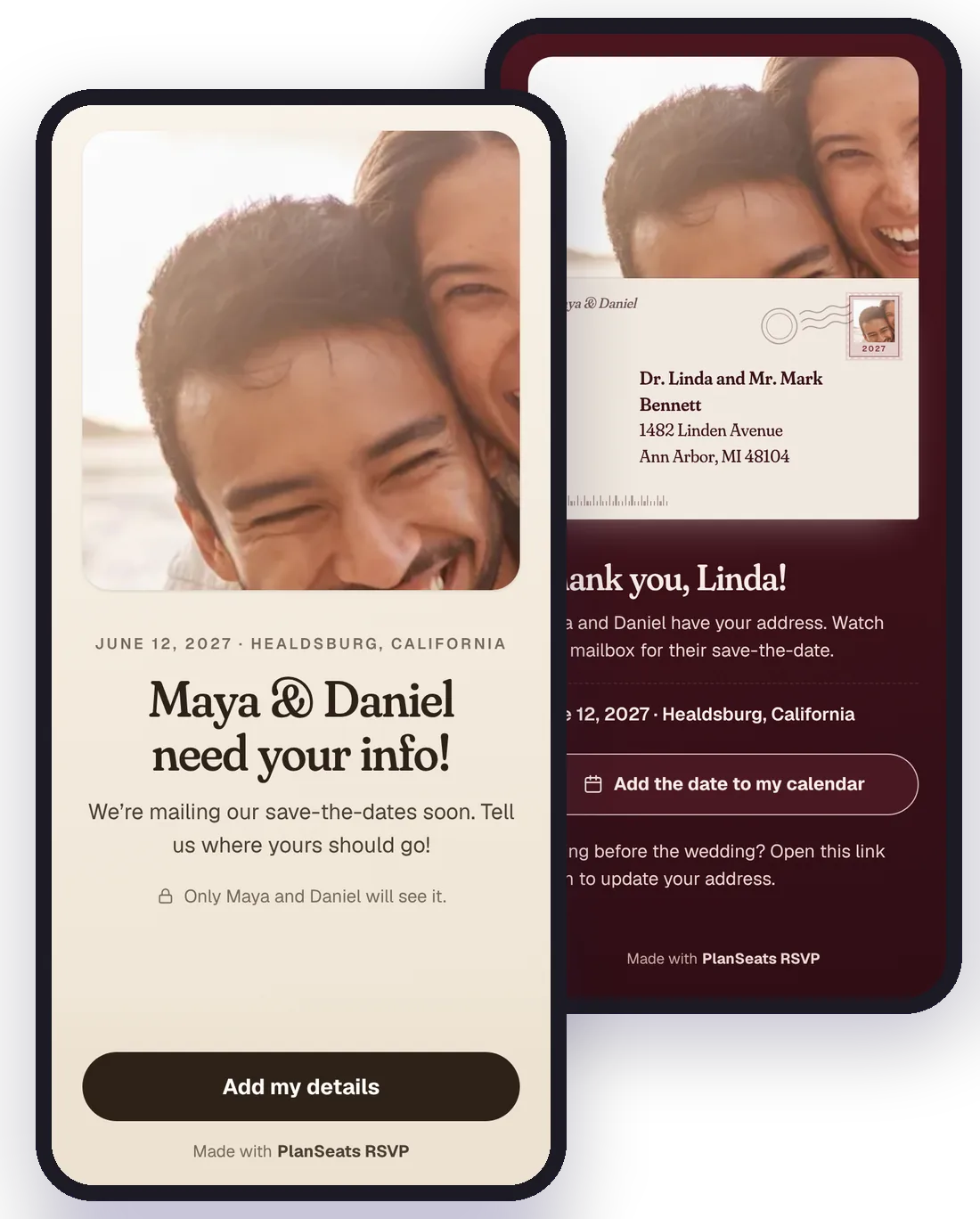 A couple’s address form on two phones: the cover, and the thank-you page with the guest’s finished envelope